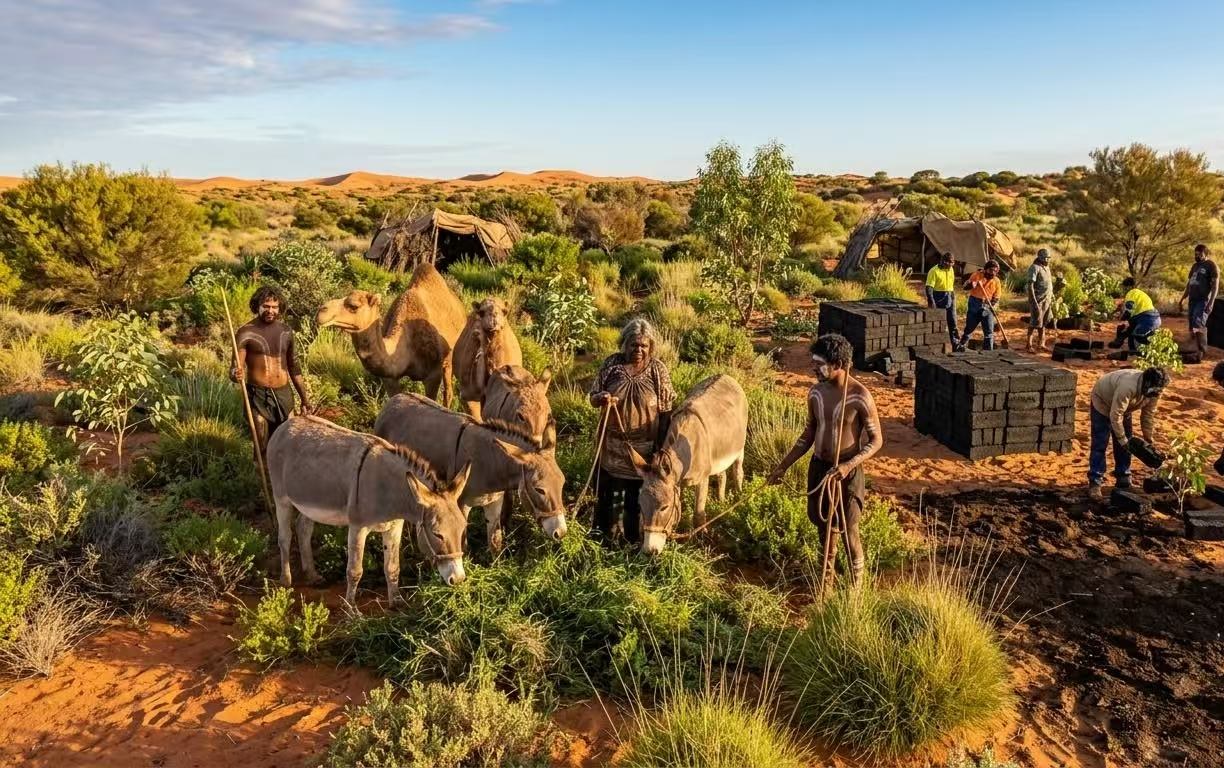 Illustrative scene of rangeland restoration — Indigenous crews planting native vegetation with donkeys on red-country