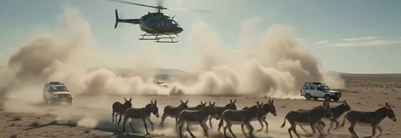 Feral donkey mustering operation with helicopter and 4WD vehicles — concept visual