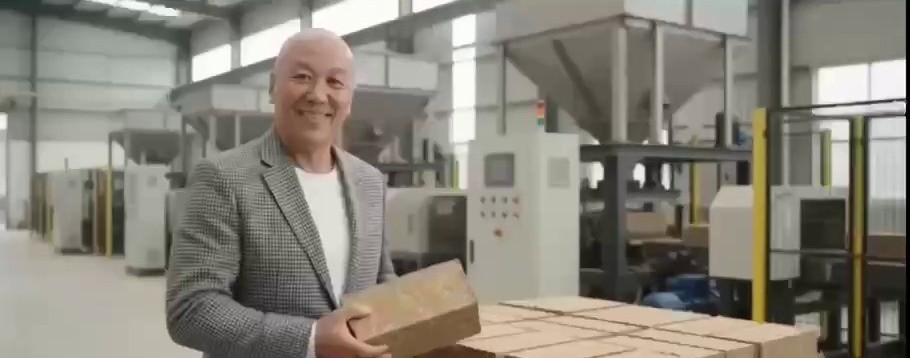 Founder Leo Uluru presenting finished fibre bio-bricks beside pallet stock — concept visualisation