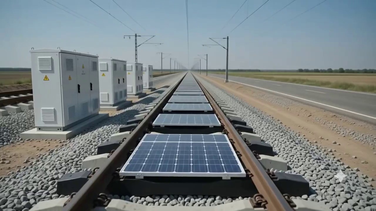 In-track photovoltaic panels and battery cabinets installed along a railway corridor — concept visual