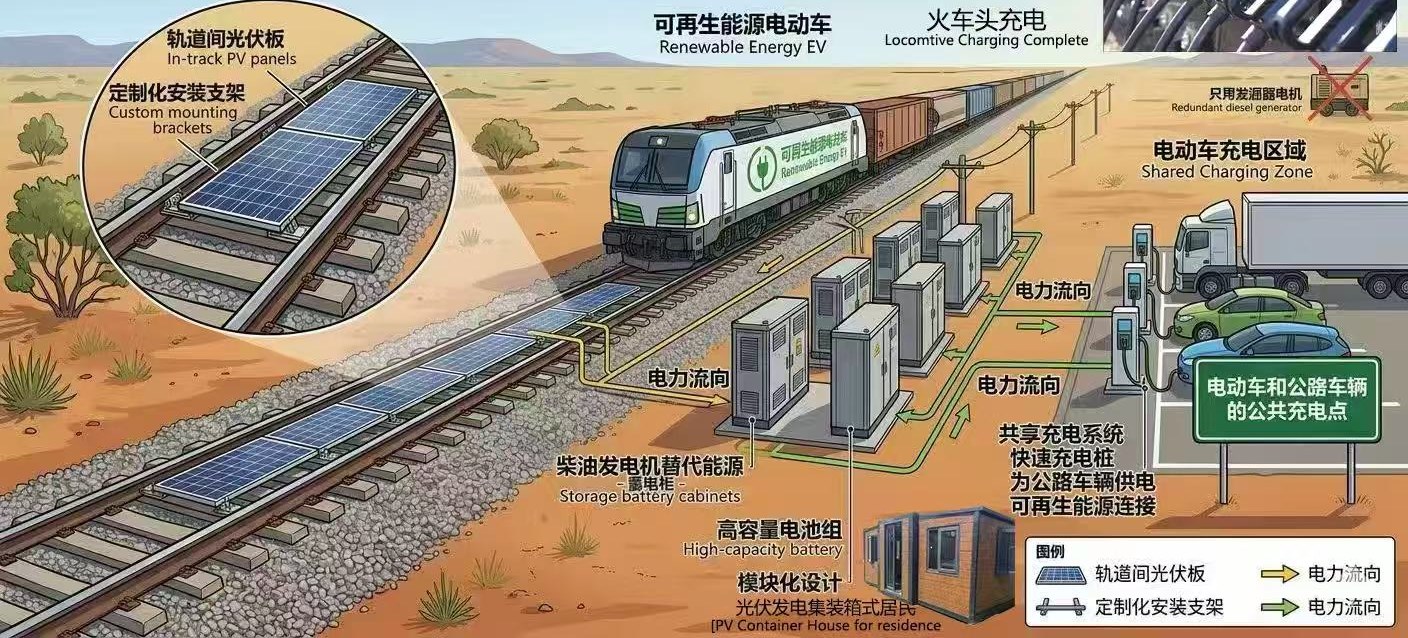 Diagram of the PV railway and EV charging shared system for northern Australia — in-track solar panels, storage battery cabinets, locomotive charging and a shared public EV charging zone
