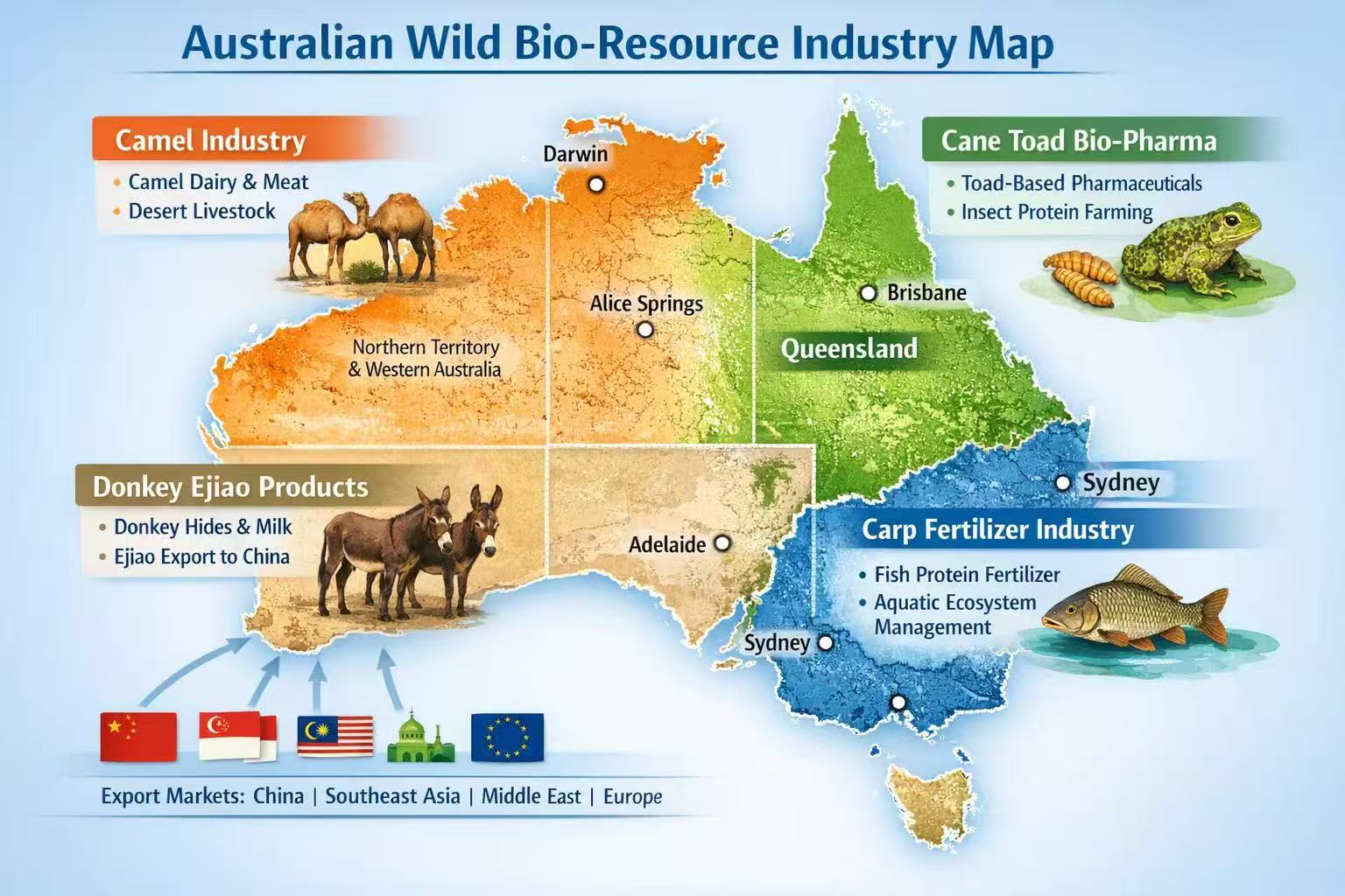 Australian Wild Bio-Resource Industry Map — feral donkey mustering, ejiao, cane toad bio-pharma and carp fertiliser industries with export markets to China, Southeast Asia, the Middle East and Europe
